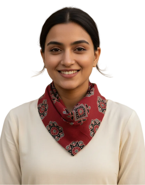Red & Black Ajrakh Hand Block Print Cotton Scarf | Traditional Geometric Print | 120×105 cm