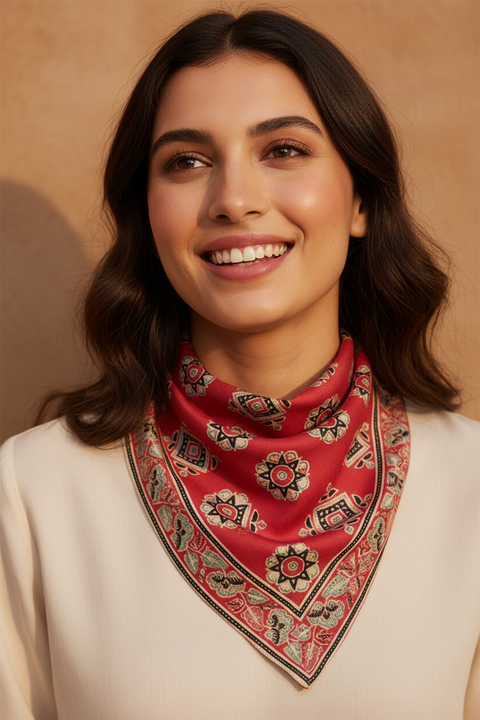 Red & Black Ajrakh Hand Block Print Cotton Scarf | Traditional Geometric Print | 120×105 cm