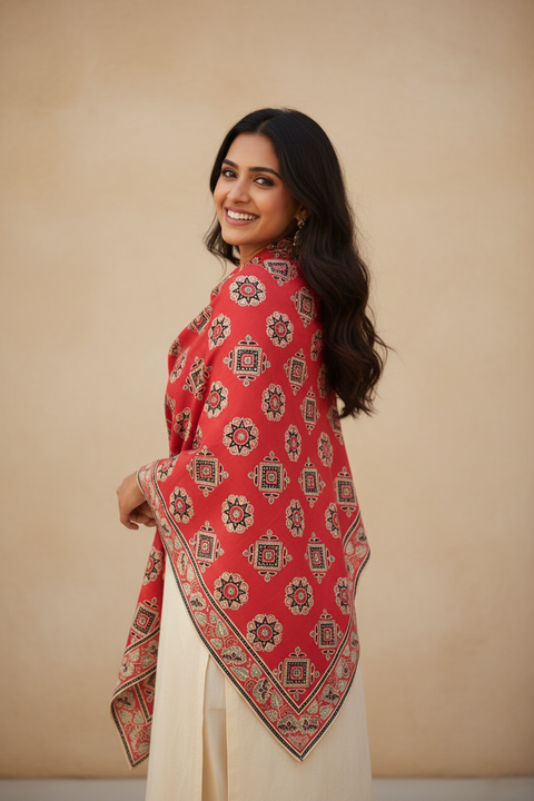 Red & Black Ajrakh Hand Block Print Cotton Scarf | Traditional Geometric Print | 120×105 cm