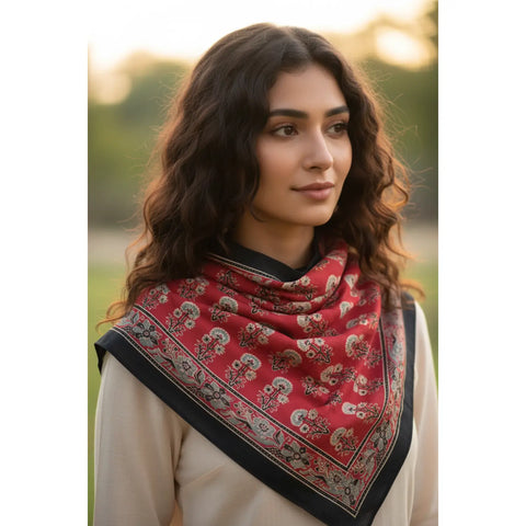 Maroon & Black Ajrakh Hand Block Print Cotton Scarf | Traditional Geometric Print | 120×105 cm