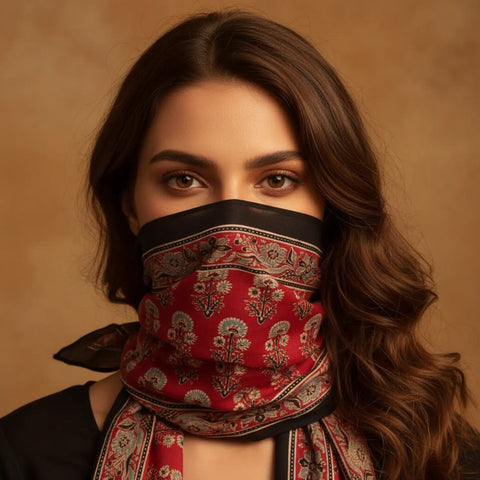 Maroon & Black Ajrakh Hand Block Print Cotton Scarf | Traditional Geometric Print | 120×105 cm