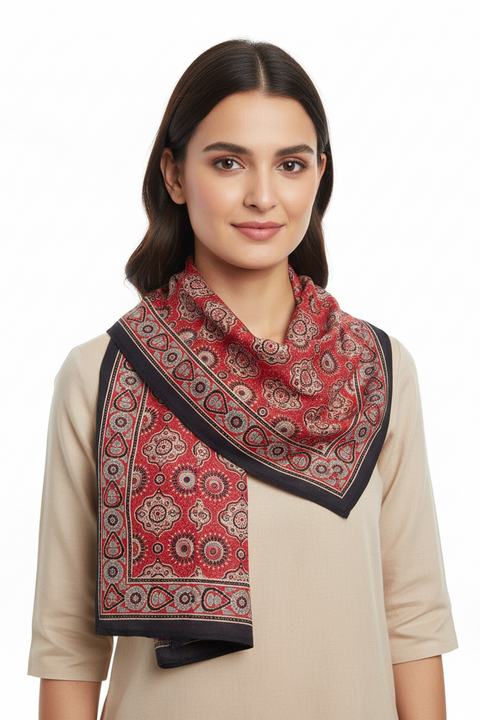 Red & Cream Ajrakh Hand Block Print Cotton Scarf | Round Medallion Geometric Print | 120×105 cm