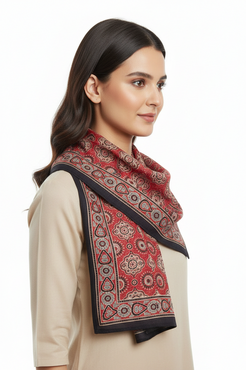 Red & Cream Ajrakh Hand Block Print Cotton Scarf | Round Medallion Geometric Print | 120×105 cm