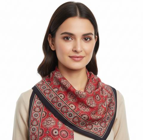 Red & Cream Ajrakh Hand Block Print Cotton Scarf | Round Medallion Geometric Print | 120×105 cm