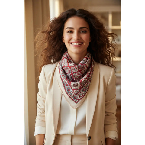 Cream & Red Ajrakh Hand Block Print Cotton Scarf | Traditional Geometric Print | 120×105 cm