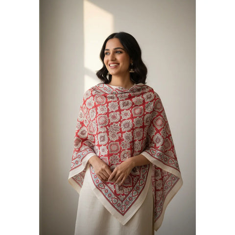 Cream & Red Ajrakh Hand Block Print Cotton Scarf | Traditional Geometric Print | 120×105 cm