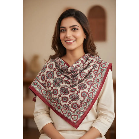 Cream & Blue Ajrakh Hand Block Print Cotton Scarf | Traditional Geometric Print | 120×105 cm