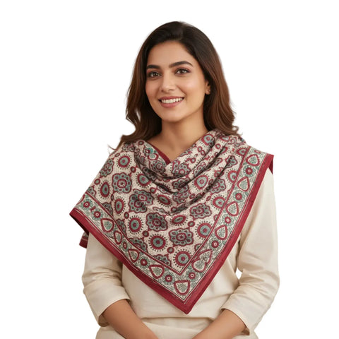 Cream & Blue Ajrakh Hand Block Print Cotton Scarf | Traditional Geometric Print | 120×105 cm