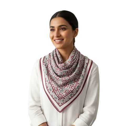 Cream & Beige Ajrakh Hand Block Print Cotton Scarf | Traditional Geometric Print | 120×105 cm