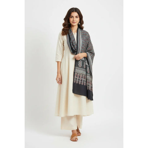 Cream & Grey Ajrakh Hand Block Print Rayon Stole | Traditional Geometric Print | 210×55 cm