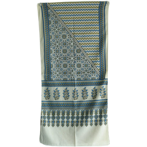Ajrakh Hand Block Print Cotton Stole, Off-White Blue Olive, Chevron Floral Paisley Border