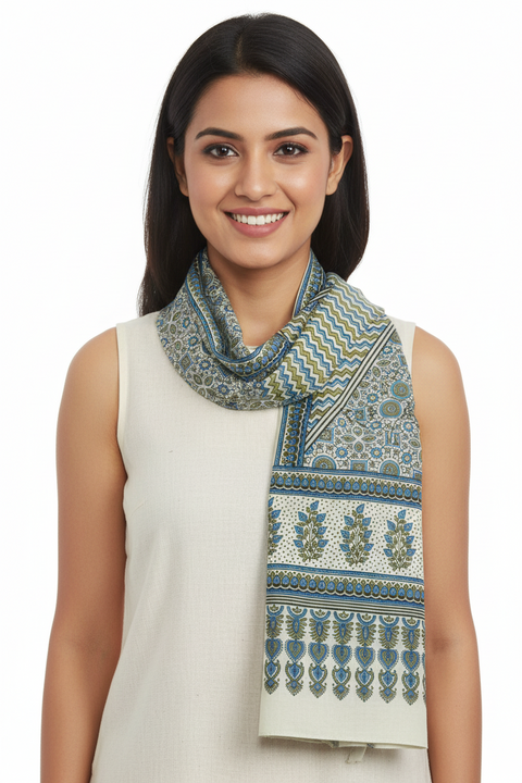 Cream & Black Ajrakh Hand Block Print Rayon Stole | Traditional Geometric Print | 210×55 cm