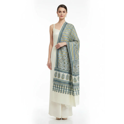 Cream & Black Ajrakh Hand Block Print Rayon Stole | Traditional Geometric Print | 210×55 cm