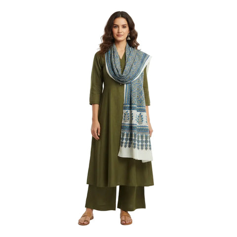 Olive Green Ajrakh Hand Block Print Rayon Stole | Traditional Geometric Print | 210×55 cm