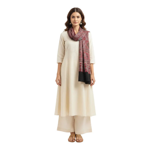 Maroon & Grey Ajrakh Hand Block Print Rayon Stole | Traditional Geometric Print | 210×55 cm