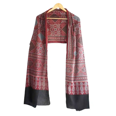 ISYVBH-B023 Ajrakh Dupatta Draped View | Traditional Natural Dye Block Print