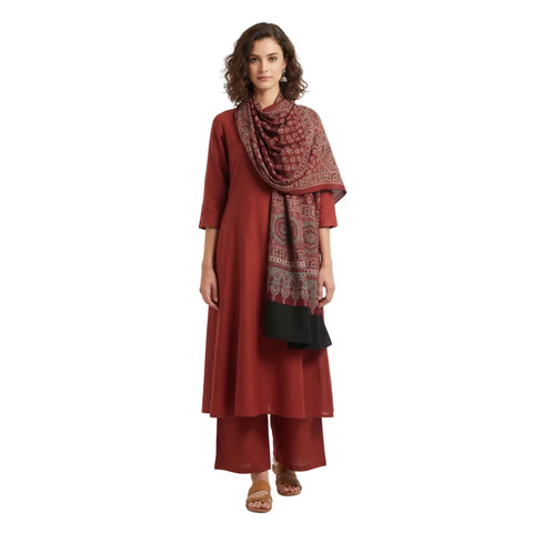 Red & Grey Ajrakh Hand Block Print Rayon Stole | Traditional Geometric Print | 210×55 cm