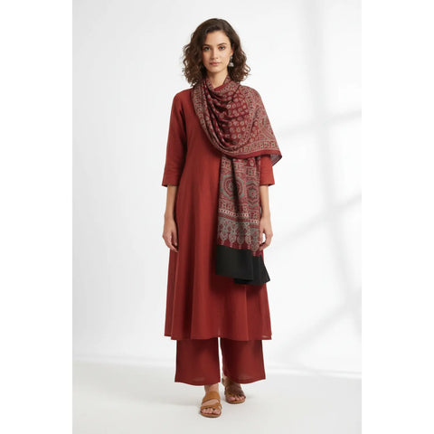 Red & Grey Ajrakh Hand Block Print Rayon Stole | Traditional Geometric Print | 210×55 cm