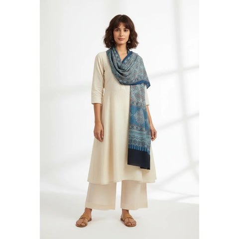 Sky Blue Ajrakh Hand Block Print Rayon Stole | Traditional Geometric Print | 210×55 cm