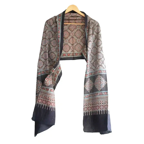 ISYVBH-B026 Ajrakh Dupatta Draped View | Traditional Natural Dye Block Print