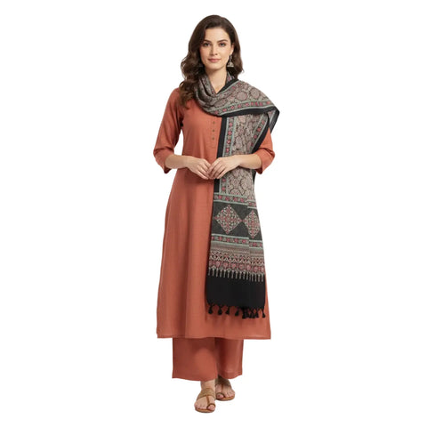 Cream & Blue Ajrakh Hand Block Print Rayon Stole | Traditional Geometric Print | 210×55 cm