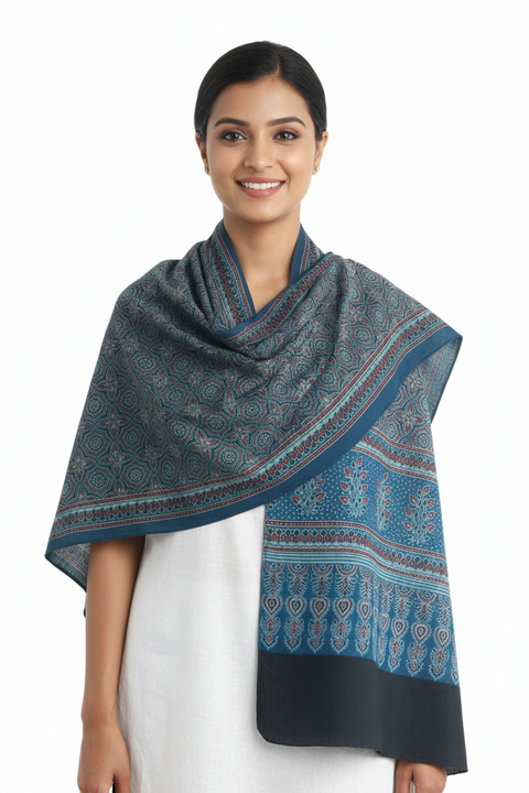 Teal Ajrakh Hand Block Print Rayon Stole | Traditional Geometric Print | 210×55 cm