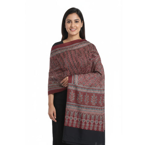 Maroon Ajrakh Hand Block Print Rayon Stole | Traditional Geometric Print | 210×55 cm