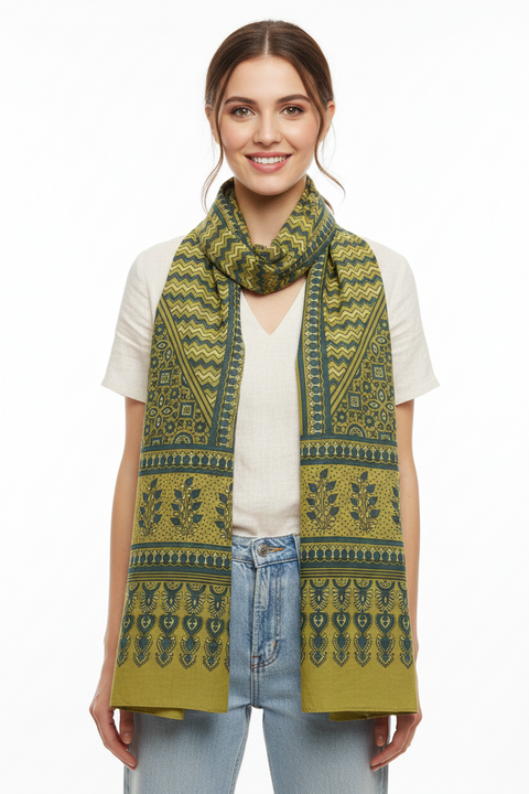 Green Ajrakh Hand Block Print Rayon Stole | Traditional Geometric Print | 210×55 cm