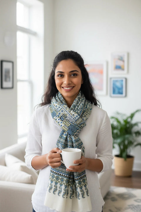 Woman holding a mug with a patterned scarf in a bright room