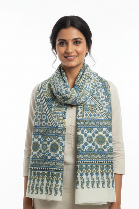 Cream Ajrakh Hand Block Print Rayon Stole | Traditional Geometric Print | 210×55 cm