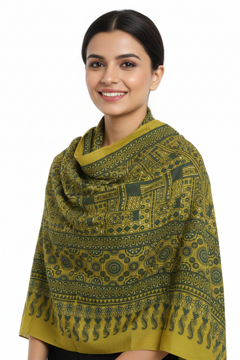 Mustard Ajrakh Hand Block Print Rayon Stole | Traditional Geometric Print | 210×55 cm
