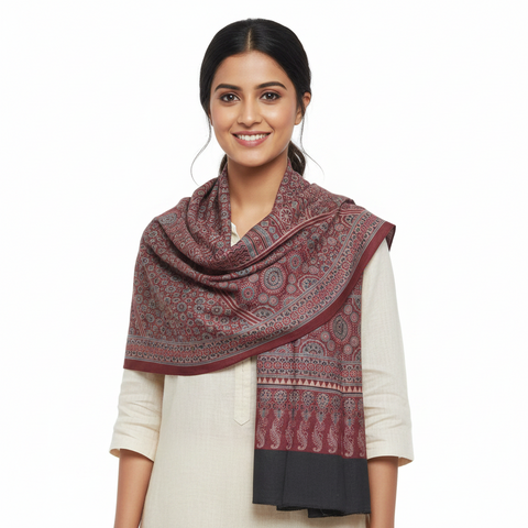 Brown Ajrakh Hand Block Print Rayon Stole | Traditional Geometric Print | 210×55 cm