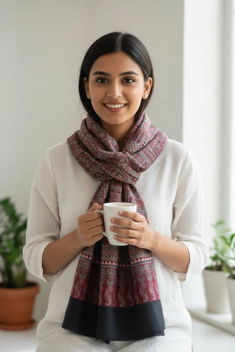 Brown Ajrakh Hand Block Print Rayon Stole | Traditional Geometric Print | 210×55 cm