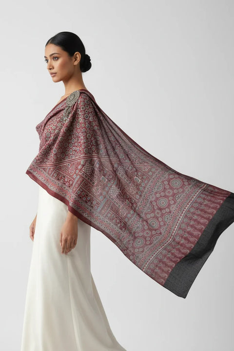 Brown Ajrakh Hand Block Print Rayon Stole | Traditional Geometric Print | 210×55 cm