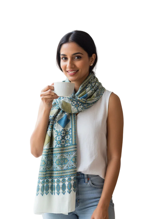 Turquoise Ajrakh Hand Block Print Rayon Stole | Traditional Geometric Print | 210×55 cm
