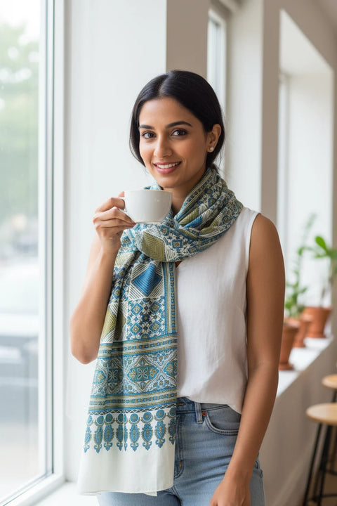 Turquoise Ajrakh Hand Block Print Rayon Stole | Traditional Geometric Print | 210×55 cm