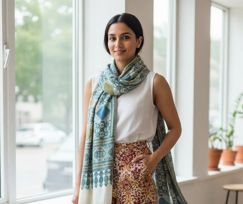 Turquoise Ajrakh Hand Block Print Rayon Stole | Traditional Geometric Print | 210×55 cm