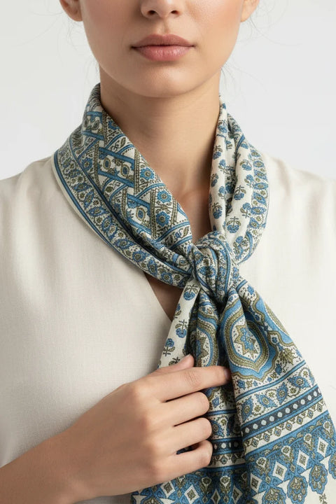 Olive & Beige Ajrakh Hand Block Print Rayon Stole | Traditional Geometric Print | 210×55 cm