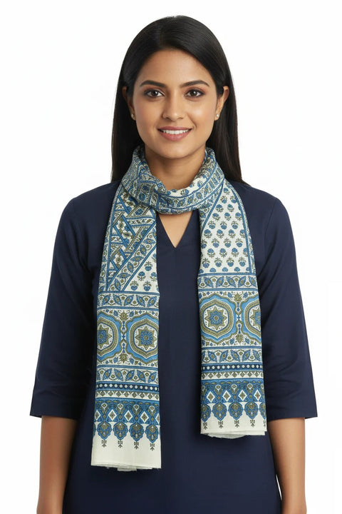 Olive & Beige Ajrakh Hand Block Print Rayon Stole | Traditional Geometric Print | 210×55 cm