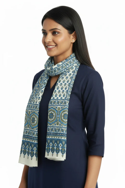 Olive & Beige Ajrakh Hand Block Print Rayon Stole | Traditional Geometric Print | 210×55 cm