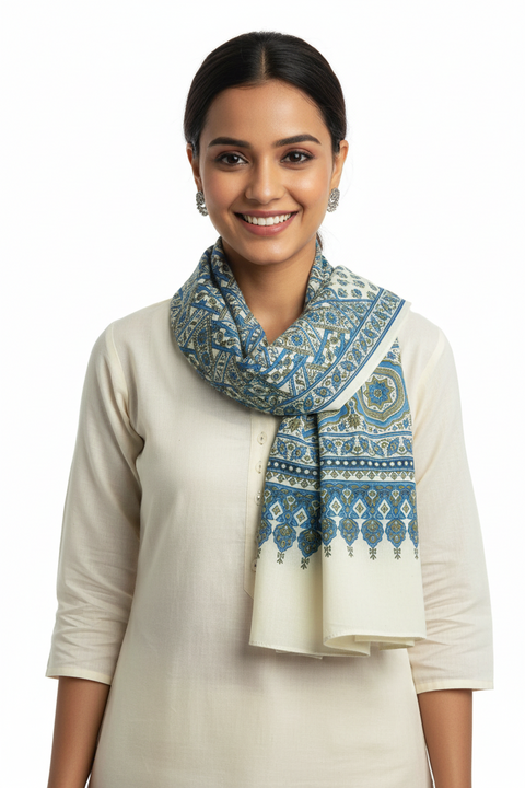 Olive & Beige Ajrakh Hand Block Print Rayon Stole | Traditional Geometric Print | 210×55 cm