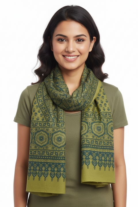Navy Ajrakh Hand Block Print Rayon Stole | Traditional Geometric Print | 210×55 cm