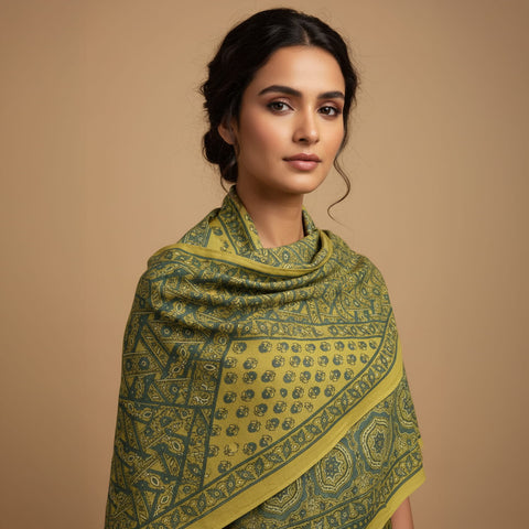 Navy Ajrakh Hand Block Print Rayon Stole | Traditional Geometric Print | 210×55 cm