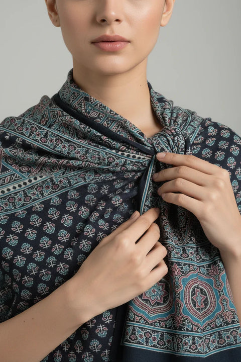 Multicolor Ajrakh Hand Block Print Rayon Stole | Traditional Geometric Print | 210×55 cm