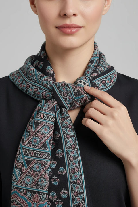 Multicolor Ajrakh Hand Block Print Rayon Stole | Traditional Geometric Print | 210×55 cm