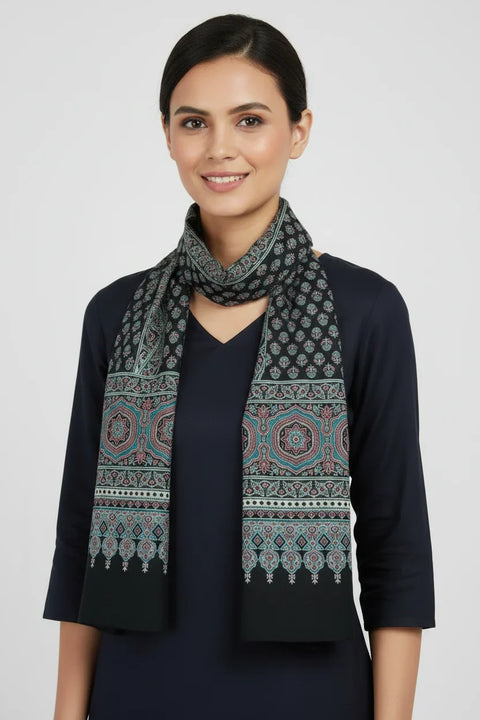 Multicolor Ajrakh Hand Block Print Rayon Stole | Traditional Geometric Print | 210×55 cm