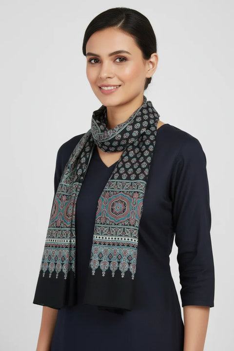 Multicolor Ajrakh Hand Block Print Rayon Stole | Traditional Geometric Print | 210×55 cm
