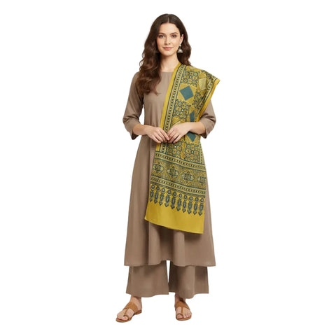 Mustard Ajrakh Hand Block Print Rayon Stole | Traditional Geometric Print | 210×55 cm