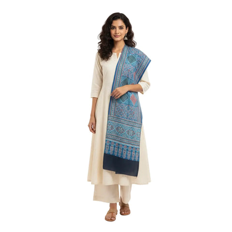 Powder Blue Ajrakh Hand Block Print Rayon Stole | Traditional Geometric Print | 210×55 cm