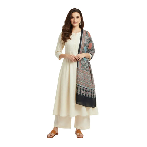 Navy Ajrakh Hand Block Print Rayon Stole | Traditional Geometric Print | 210×55 cm